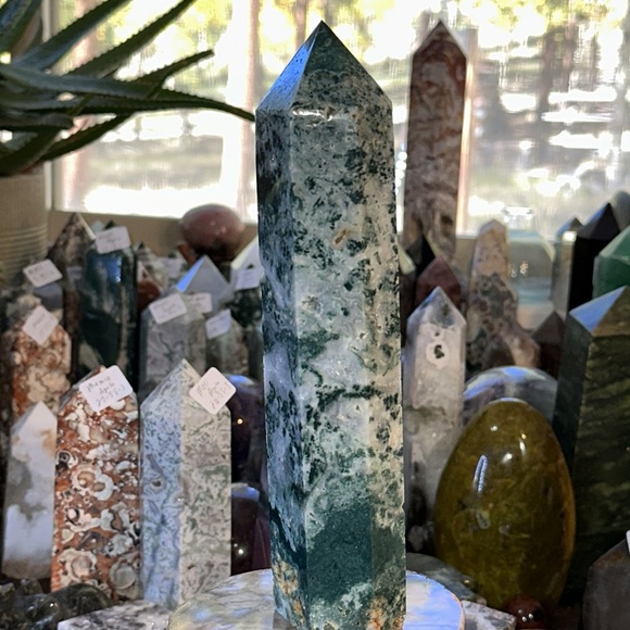 Moss Agate Crystal Tower With Druzy! - Picture 4 of 13